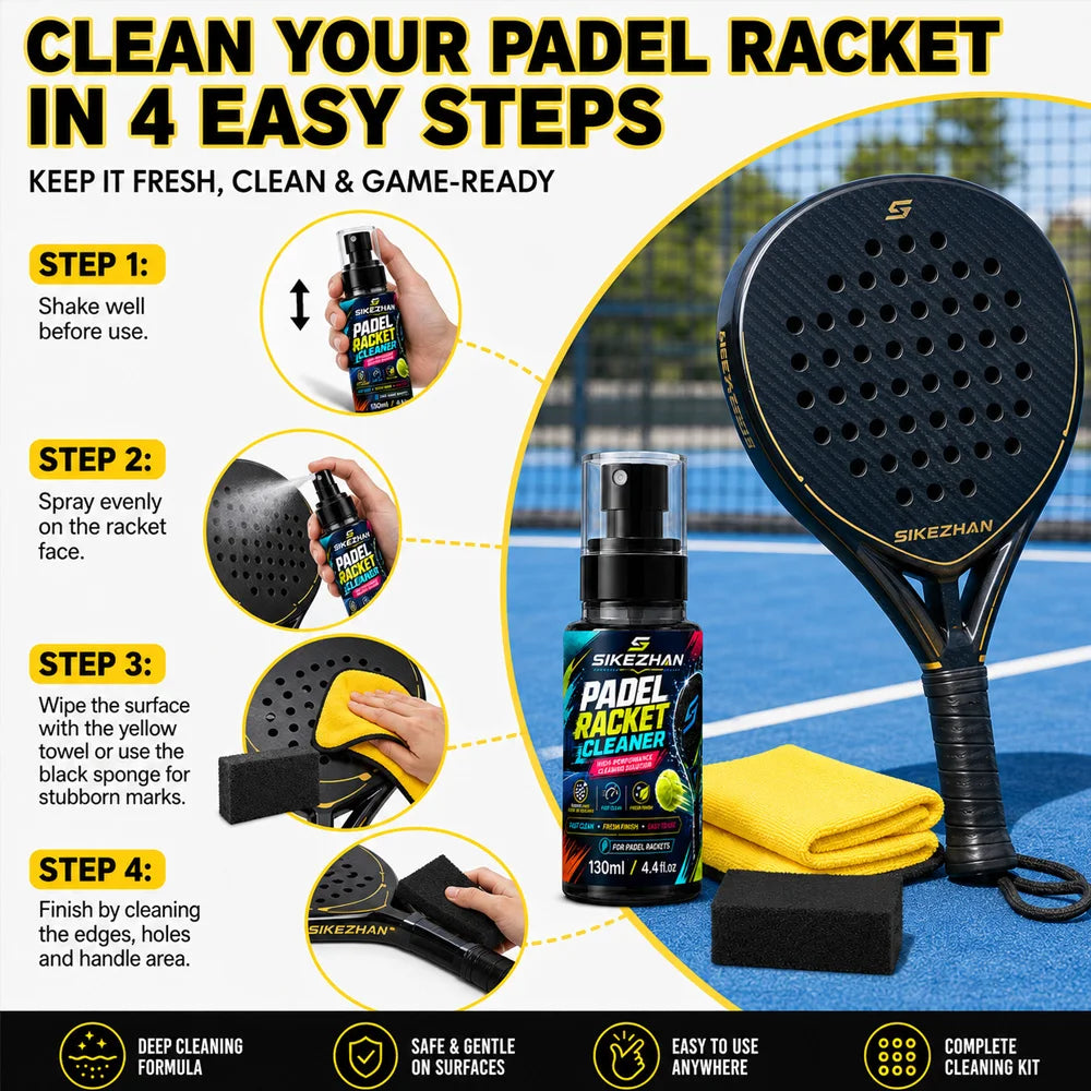Padel Paddle Cleaner Set 130ml Spray with Sponge and Microfiber Cloth for Racket Care Dust Sweat Stain and Court Residue Removal