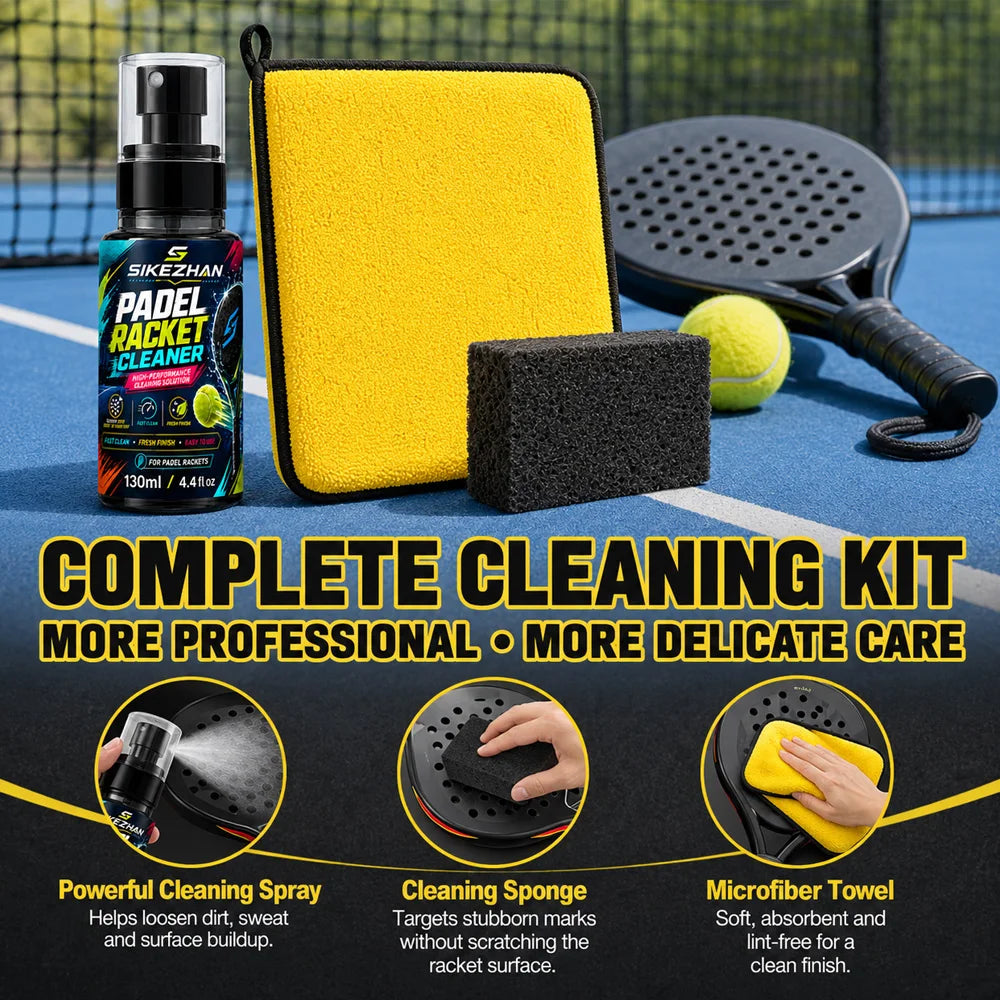 Padel Paddle Cleaner Set 130ml Spray with Sponge and Microfiber Cloth for Racket Care Dust Sweat Stain and Court Residue Removal