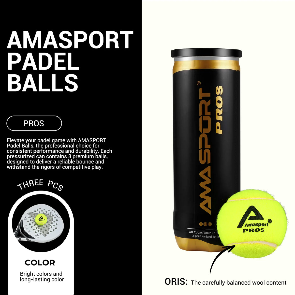 AMASPORT Padel Balls With Pressurized Can， 3 Premium Padel Balls Engineered To Maintain Consistent Speed & Height for Trainning